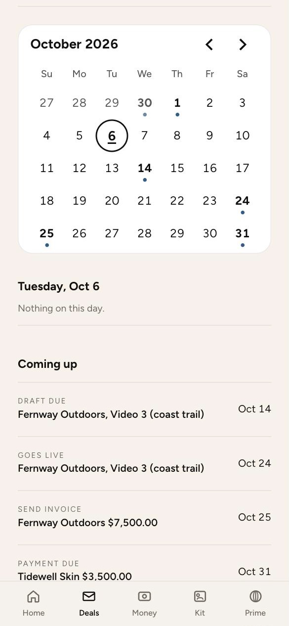 A month of deal dates on one calendar, with drafts, posts, invoices and payments coming up