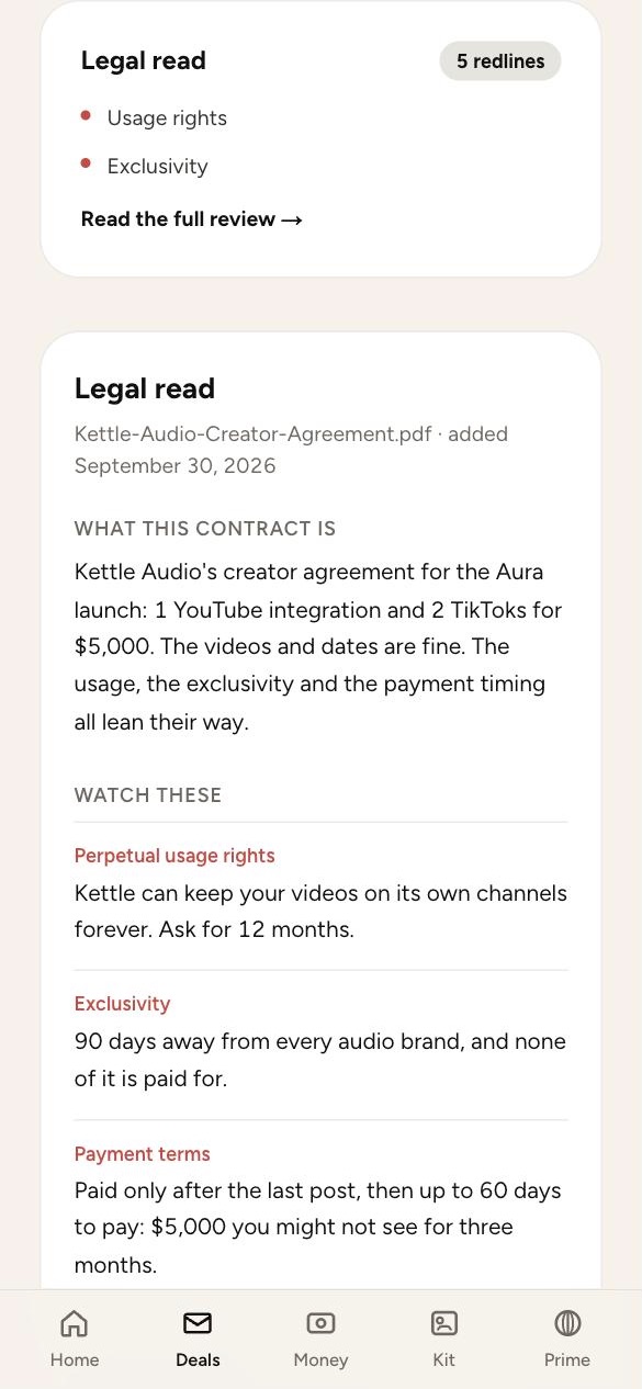 Prime's legal read of a brand contract: five redlines, with the risky terms flagged